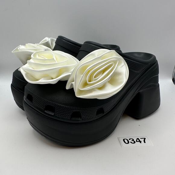 CROCS Women's 6 Siren Rosette Clog Black White Flower Heels 210367-001 - Picture 1 of 5